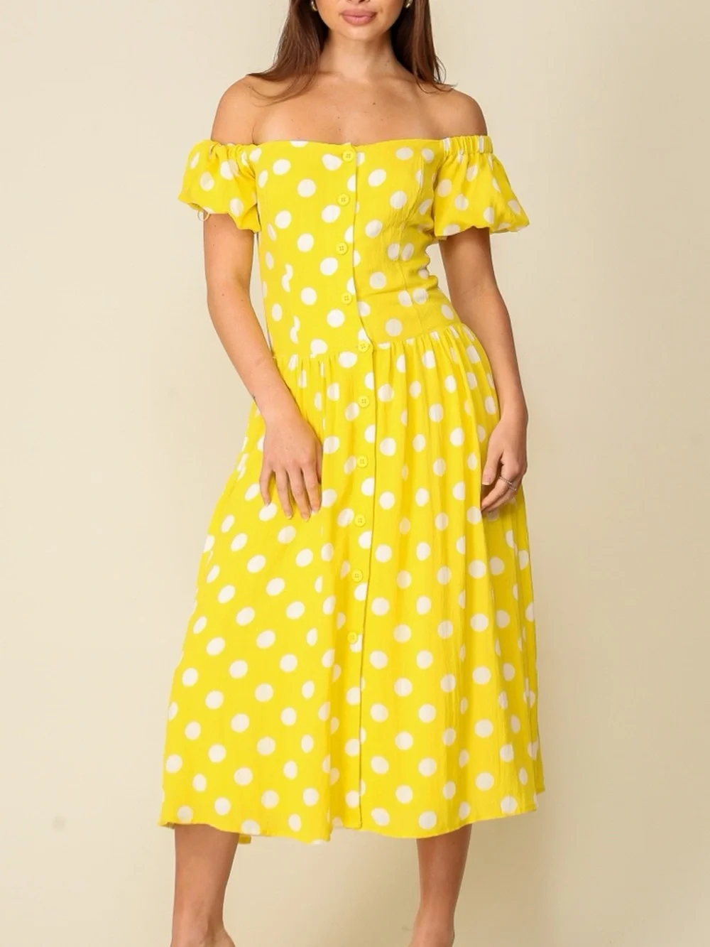 Lumiere yellow polka dot off the shoulder midi dress - Picture 1 of 1